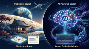 A split-screen illustration comparing "Traditional Search" and "AI-Powered Search" for a martial arts school. On the left, a traditional dojo is shown with a map and search bar. On the right, a glowing digital brain labeled "AI" generates stylized text results, representing "Answer Engine Optimization."