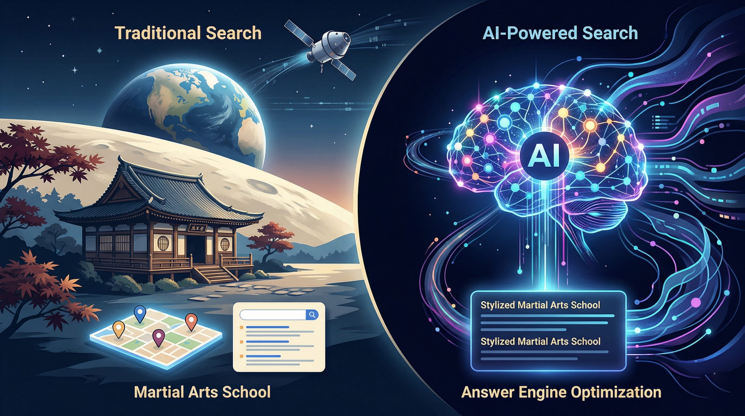 A split-screen illustration comparing "Traditional Search" and "AI-Powered Search" for a martial arts school. On the left, a traditional dojo is shown with a map and search bar. On the right, a glowing digital brain labeled "AI" generates stylized text results, representing "Answer Engine Optimization."