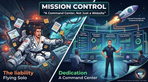 a chaotic martial arts pilot overwhelmed in a cockpit vs. a calm administrator in a unified NASA-style command center. "Mission Control" article title visible at top.