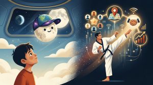 An illustration split between a young boy looking at a cartoon moon in space and a martial artist performing a high kick. The martial artist is surrounded by glowing digital icons representing community, location, partnerships, and growth.
