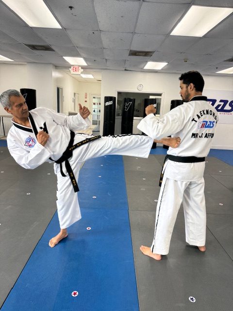 Two martial artists sparring in a dojo