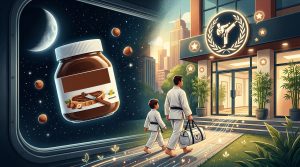 An illustration of a giant hazelnut spread jar floating in space next to a view of a father and son in martial arts uniforms walking into a modern dojo at sunset.