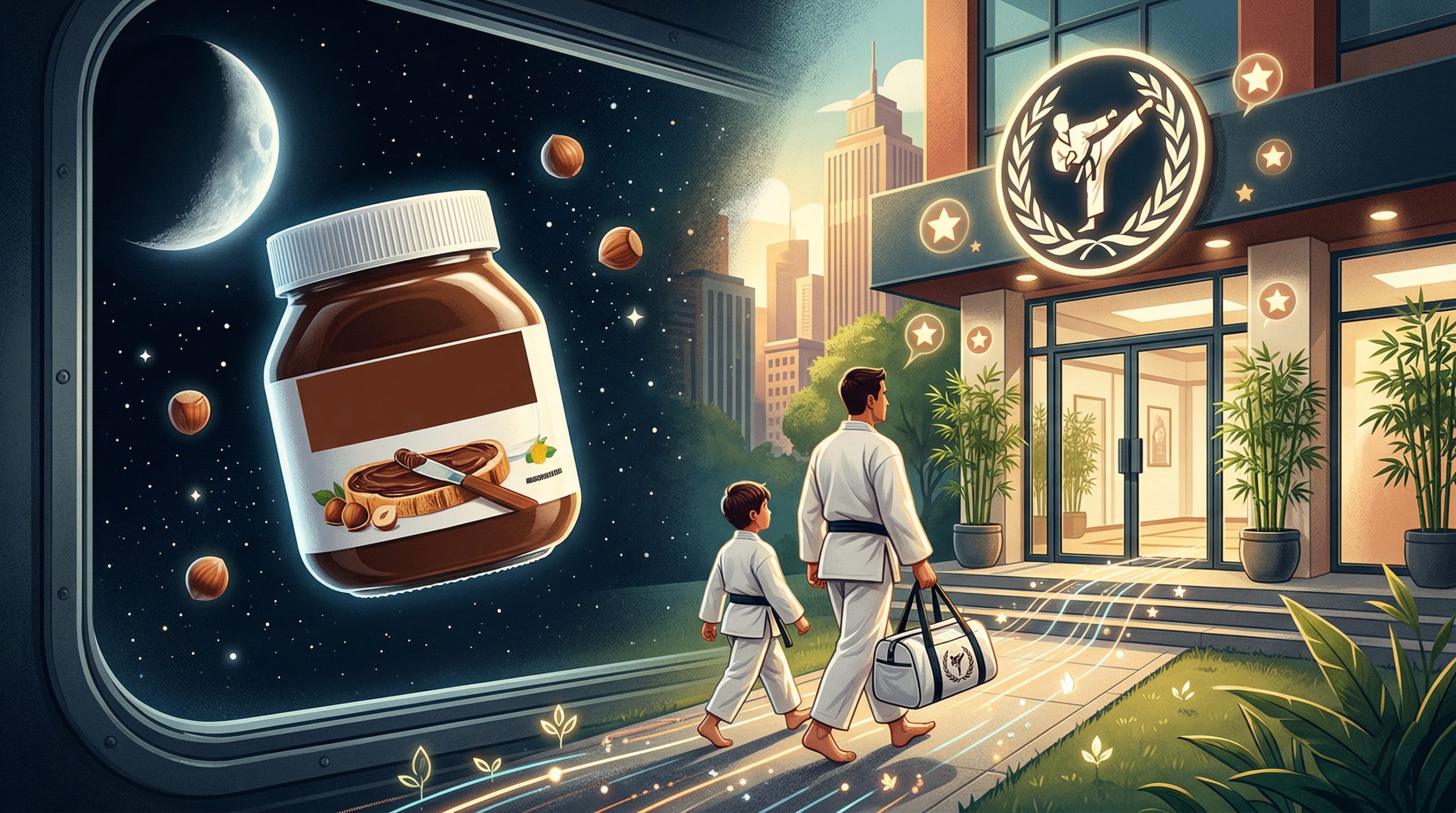 An illustration of a giant hazelnut spread jar floating in space next to a view of a father and son in martial arts uniforms walking into a modern dojo at sunset.