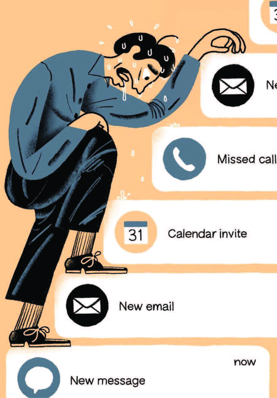 Illustration of a business owner overwhelmed by digital notifications